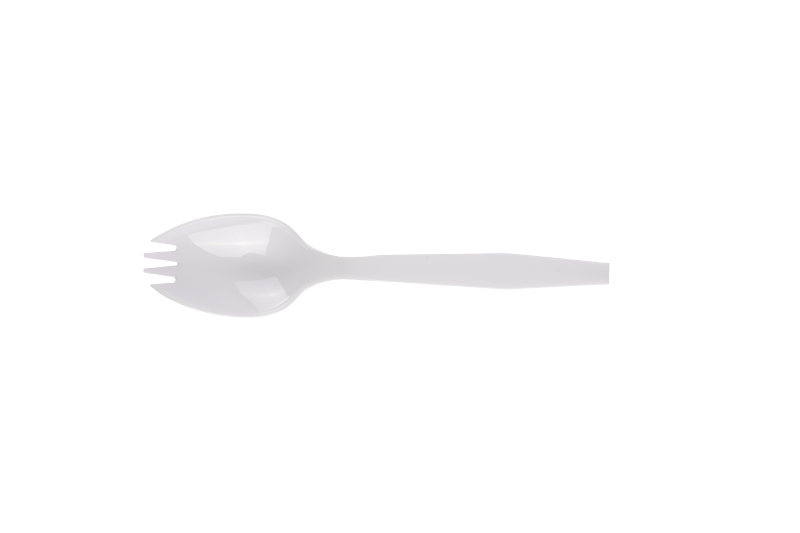 Spork din plastic alb de unică folosință cu mâner lung