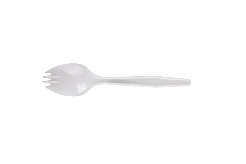 Spork din plastic alb de unică folosință cu mâner lung