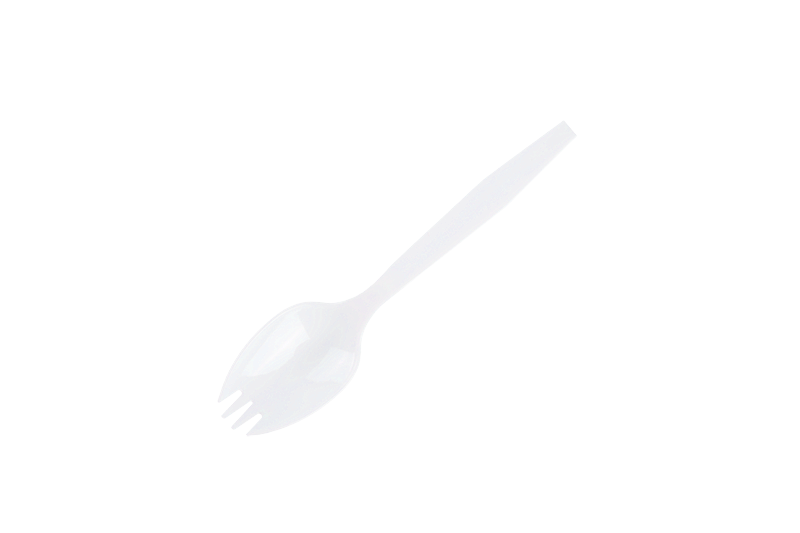 Spork din plastic alb de unică folosință cu mâner lung